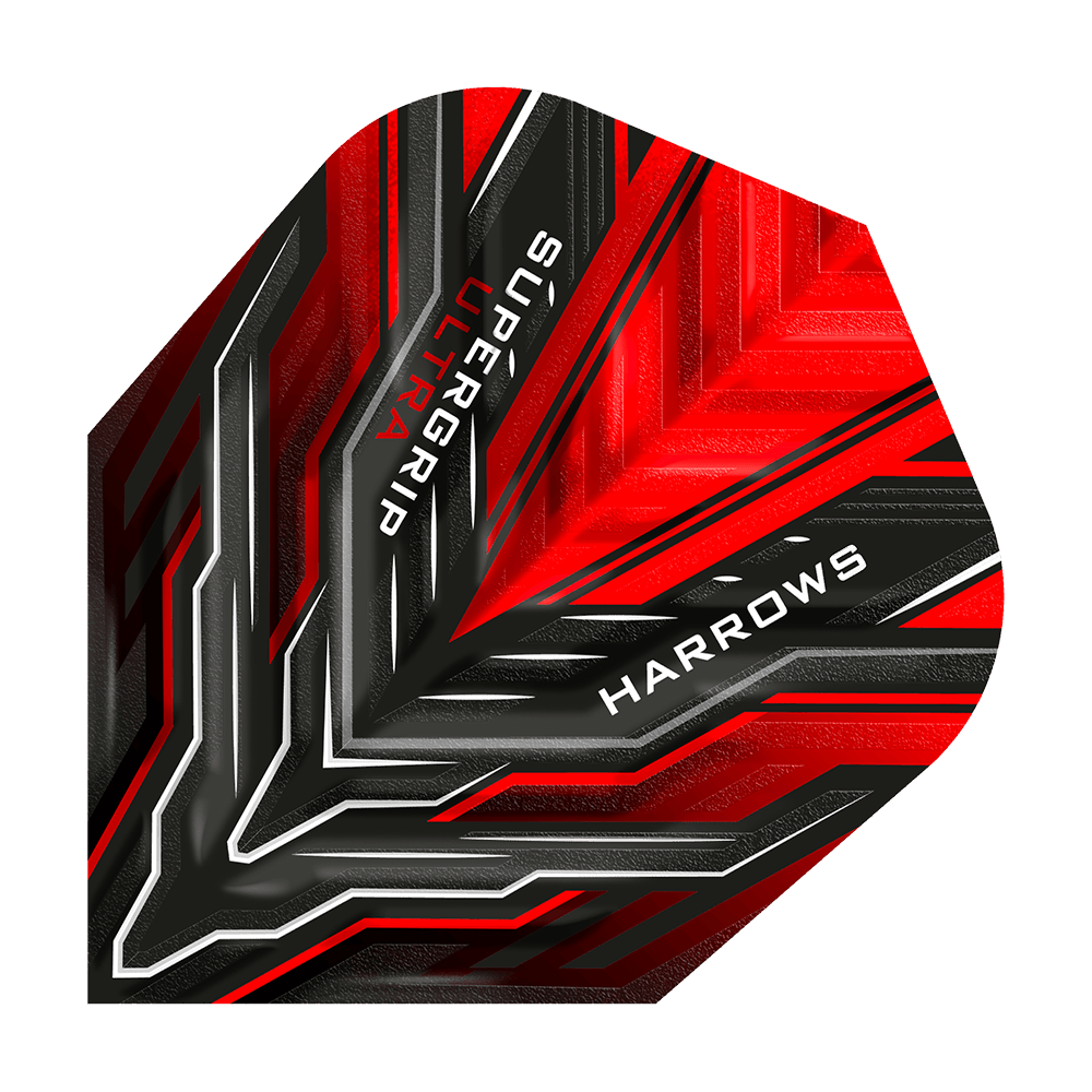Das Bild zeigt ein Harrows Supergrip Ultra Red Standard Flight für Dartpfeile. Das Design ist überwiegend rot mit schwarzen und silbernen Akzenten und weißen Schriftzügen.